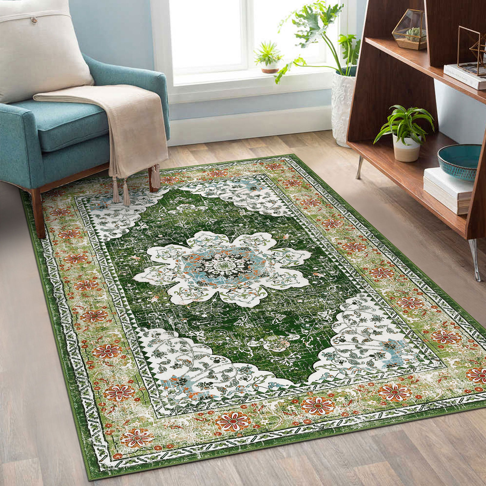 MeyJey Oriental Indoor Living Room Area Rug 3'x5' Green, Non-Slip Machine Washable Vintage Bedroom Carpet