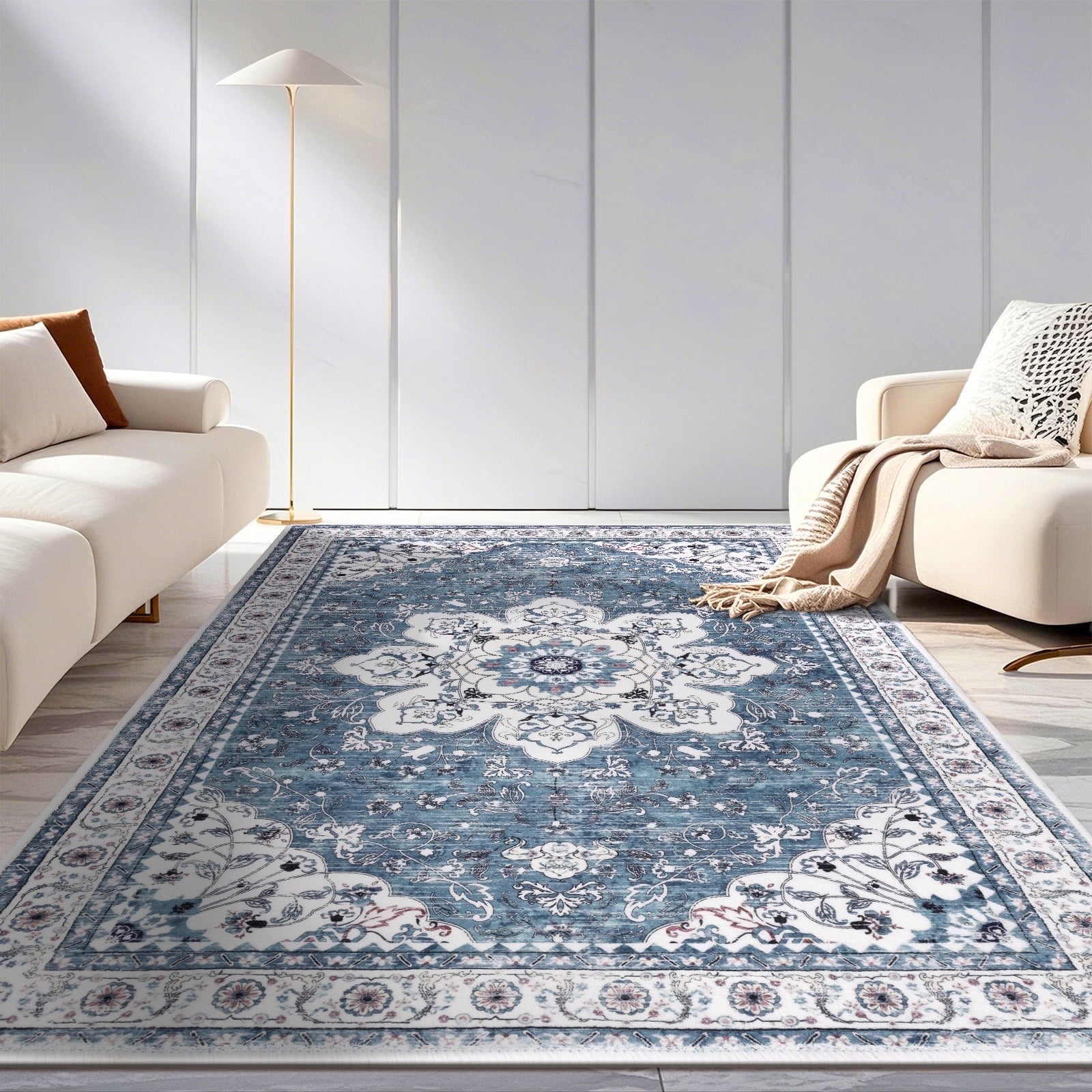 MeyJey Oriental Indoor Living Room Area Rug 5'x8', Non-Slip Machine Washable Vintage Floor Carpet for Bedroom Dining Kitchen Hallway Nursery, Blue