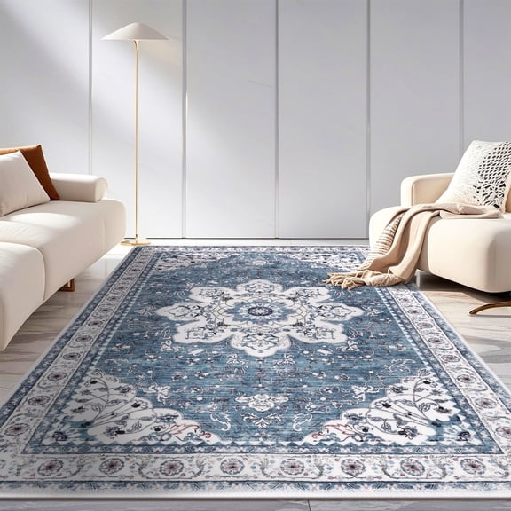 MeyJey Oriental Indoor Living Room Area Rug 5'x8', Non-Slip Machine Washable Vintage Floor Carpet for Bedroom Dining Kitchen Hallway Nursery, Blue