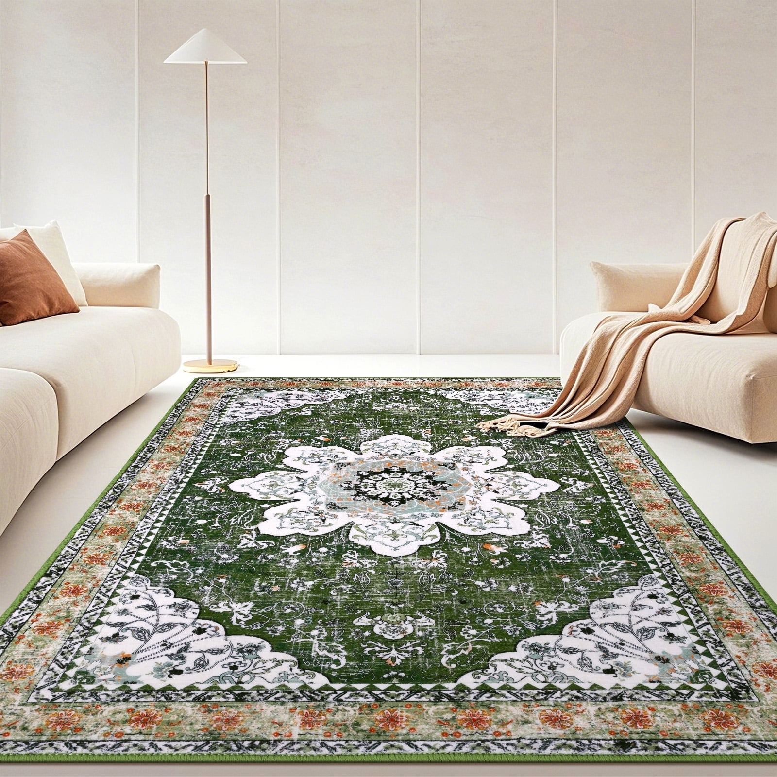 MeyJey Oriental Indoor Living Room Area Rug 5'x8', Non-Slip Machine Washable Vintage Floor Carpet for Bedroom Dining Kitchen Hallway Nursery, Green