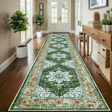 MeyJey Oriental Indoor Runner Rug for Hallway 2.6'x14', Non-Slip Machine Washable Vintage Area Rug Floor Carpet for Bedroom Kitchen Dinning/Living/Laundry Room, Green