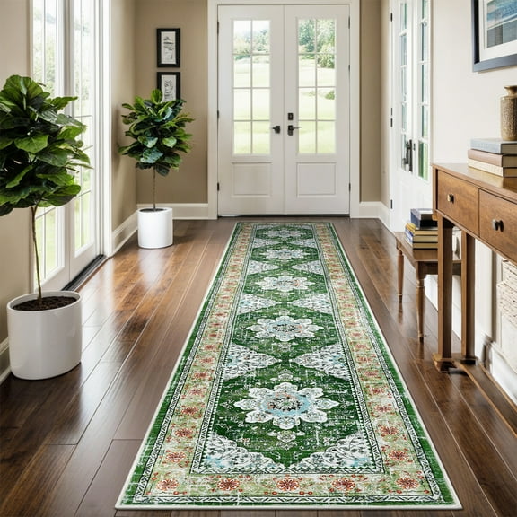 MeyJey Oriental Indoor Runner Rug for Hallway 2'x10', Non-Slip Machine Washable Vintage Area Rug Floor Carpet for Bedroom Kitchen Dinning/Living/Laundry Room, Green