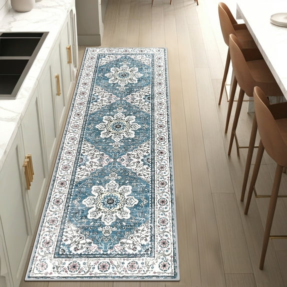 MeyJey Oriental Indoor Runner Rug for Hallway 2'x6', Non-Slip Machine Washable Vintage Area Rug Floor Carpet for Bedroom Kitchen Dinning/Living/Laundry Room, Blue