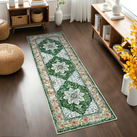 MeyJey Oriental Indoor Runner Rug for Hallway 2'x6', Non-Slip Machine Washable Vintage Area Rug Floor Carpet for Bedroom Kitchen Dinning/Living/Laundry Room, Green