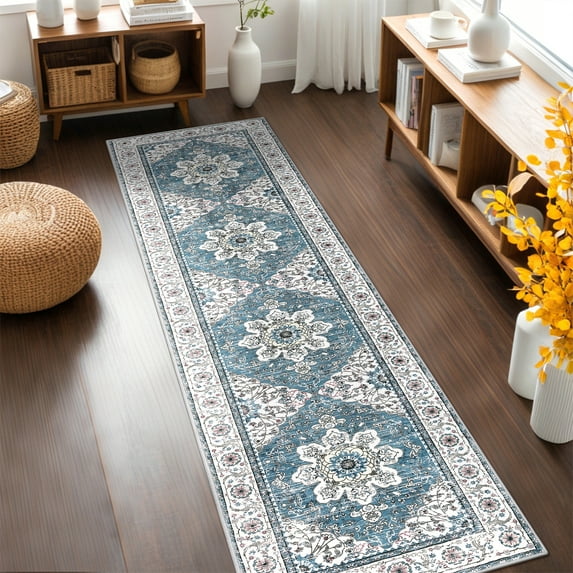 MeyJey Oriental Indoor Runner Rug for Hallway 2'x8', Non-Slip Machine Washable Vintage Area Rug Floor Carpet for Bedroom Kitchen Dinning/Living/Laundry Room, Blue