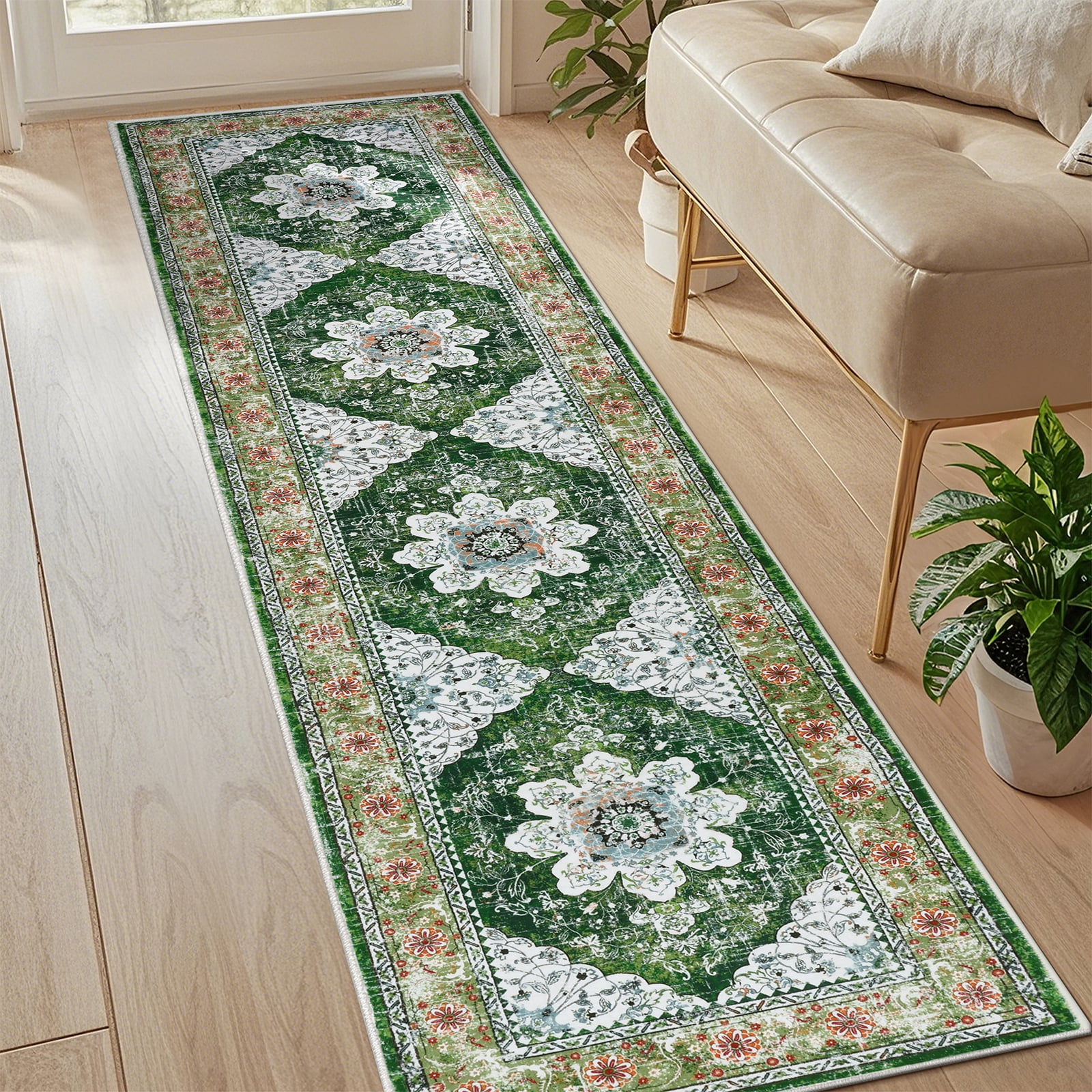 MeyJey Oriental Indoor Runner Rug for Hallway 2'x8', Non-Slip Machine Washable Vintage Area Rug Floor Carpet for Bedroom Kitchen Dinning/Living/Laundry Room, Green