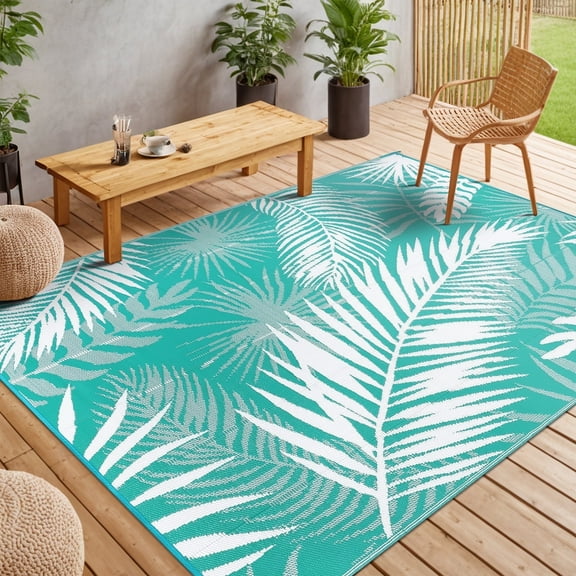 MeyJey Outdoor Rug, 5'x7' Reversible Waterproof Area Rug, Plastic Mat for RV Patio Camping, Teal