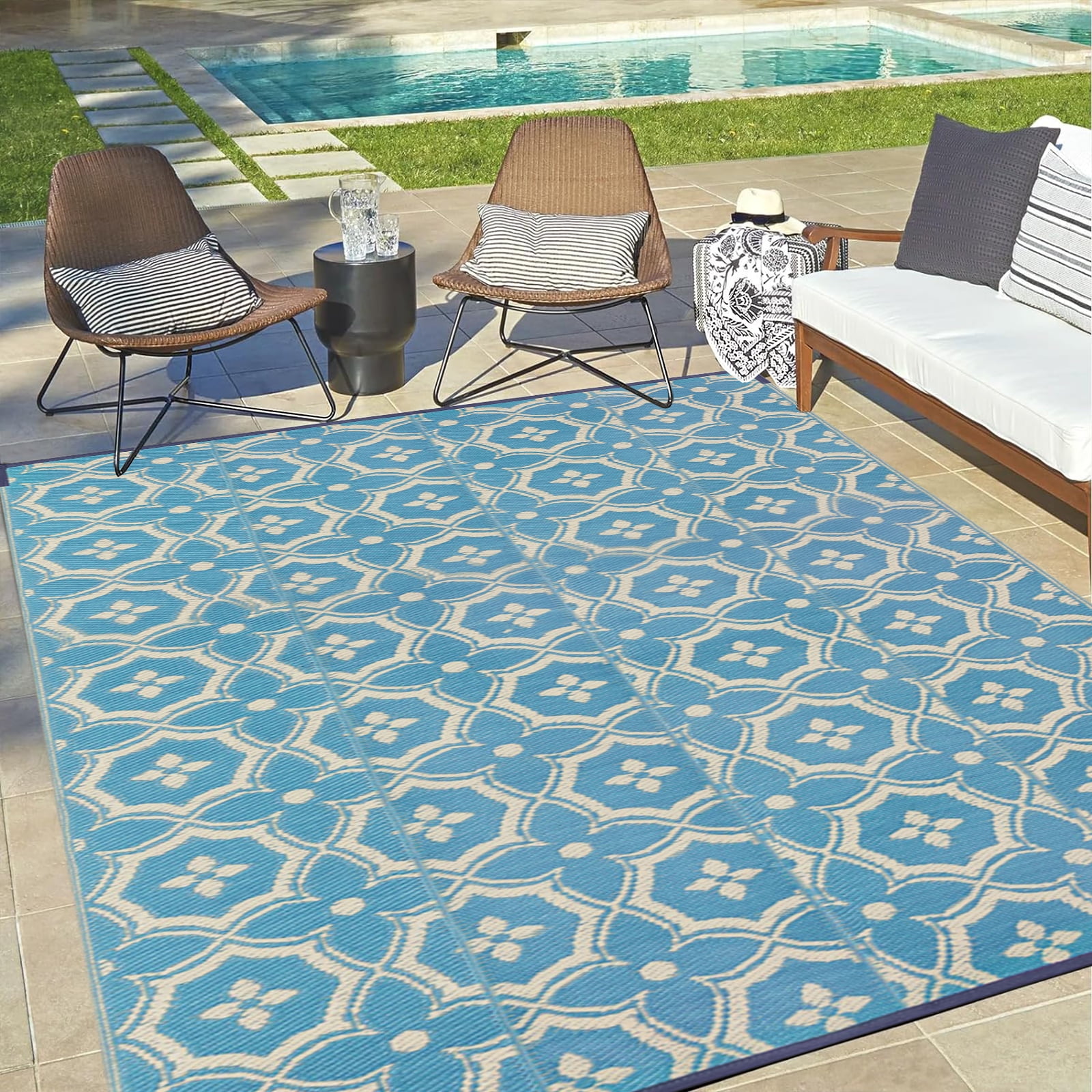 BalajeesUSA Outdoor Rug - 9x12 Blue, reversible Recycled Plastic