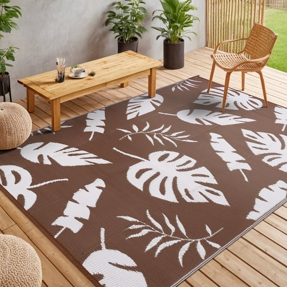 MeyJey Outdoor Rug, 5'x8' Reversible Waterproof Area Rug, Plastic Mat for RV Patio Camping, Brown