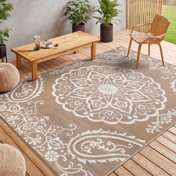 MeyJey Outdoor Rug, 5'x8' Reversible Waterproof Area Rug, Plastic Mat for RV Patio Camping, Brown