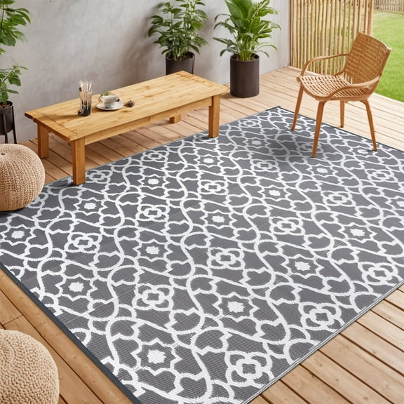 MeyJey 5'x8' Outdoor Rug Reversible Waterproof Oversize Indoor/Outdoor Plastic Mat for RV, Camping, Patio, Gray
