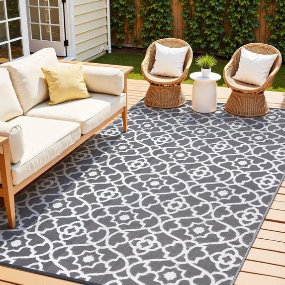 MeyJey 5'x8' Outdoor Rug, Patio Rug Waterproof RV Outdoor Rug Camping Rugs Reversible Plastic Mat for Camping, Balcony Apartment, Patio, Porch, Picnic, Beach, Gray