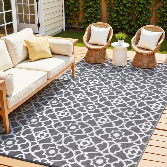 MeyJey 5'x8' Outdoor Rug, Patio Rug Waterproof RV Outdoor Rug Camping Rugs Reversible Plastic Mat for Camping, Balcony Apartment, Patio, Porch, Picnic, Beach, Gray