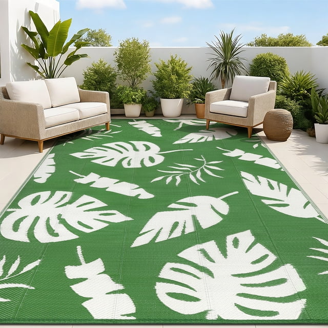 MeyJey Outdoor Rug, 5'x8' Reversible Waterproof Area Rug, Plastic Mat for RV Patio Camping, Green