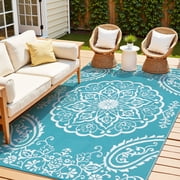 MeyJey 5'x8' Outdoor Rug, Patio Rug Waterproof RV Outdoor Rug Camping Rugs Reversible Plastic Mat for Camping, Balcony Apartment, Patio, Porch, Picnic, Beach, Teal