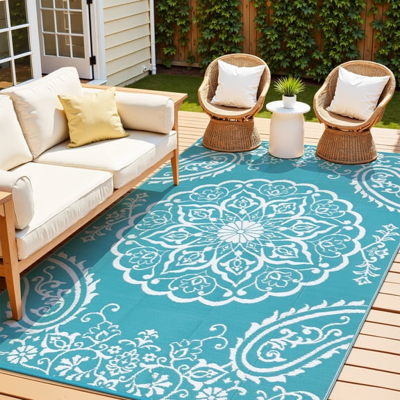 MeyJey 5'x8' Outdoor Rug, Patio Rug Waterproof RV Outdoor Rug Camping Rugs Reversible Plastic Mat for Camping, Balcony Apartment, Patio, Porch, Picnic, Beach, Teal