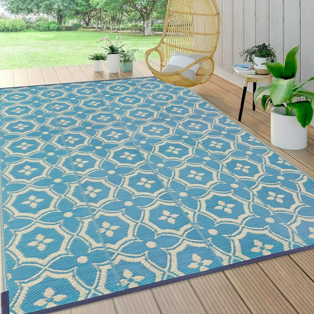 MeyJey Outdoor Rug, 6'x9' Reversible Waterproof Area Rug, Plastic Mat for RV Patio Camping, Aqua
