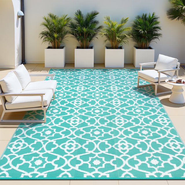 MeyJey 6'x9' Outdoor Rug, Patio Rug Waterproof RV Outdoor Rug Camping Rugs Reversible Plastic Mat for Camping, Balcony Apartment, Patio, Porch, Picnic, Beach, Aqua Blue