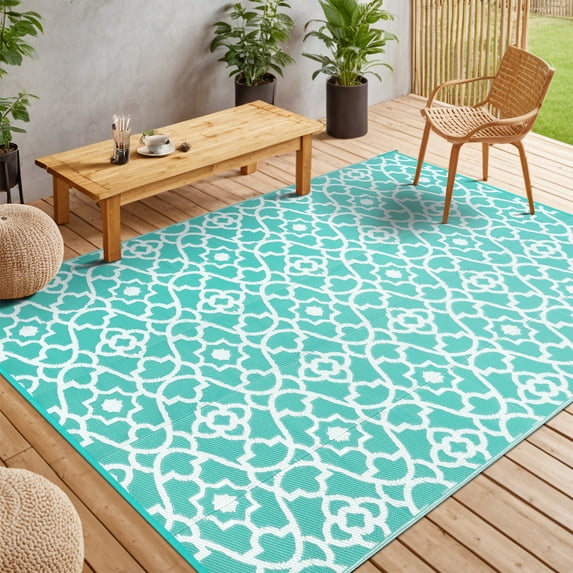 MeyJey 6'x9' Outdoor Rug Reversible Waterproof Oversize Indoor/Outdoor Plastic Mat for RV, Camping, Patio, Aqua Blue
