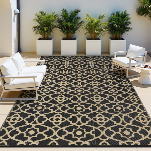 MeyJey 6'x9' Outdoor Rug, Patio Rug Waterproof RV Outdoor Rug Camping Rugs Reversible Plastic Mat for Camping, Balcony Apartment, Patio, Porch, Picnic, Beach, Black