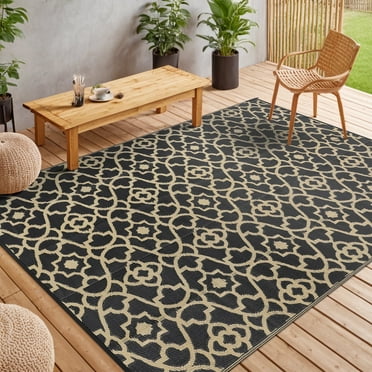 MeyJey 6'x9' Outdoor Rug Reversible Waterproof Oversize Indoor/Outdoor Plastic Mat for RV, Camping, Patio, Black