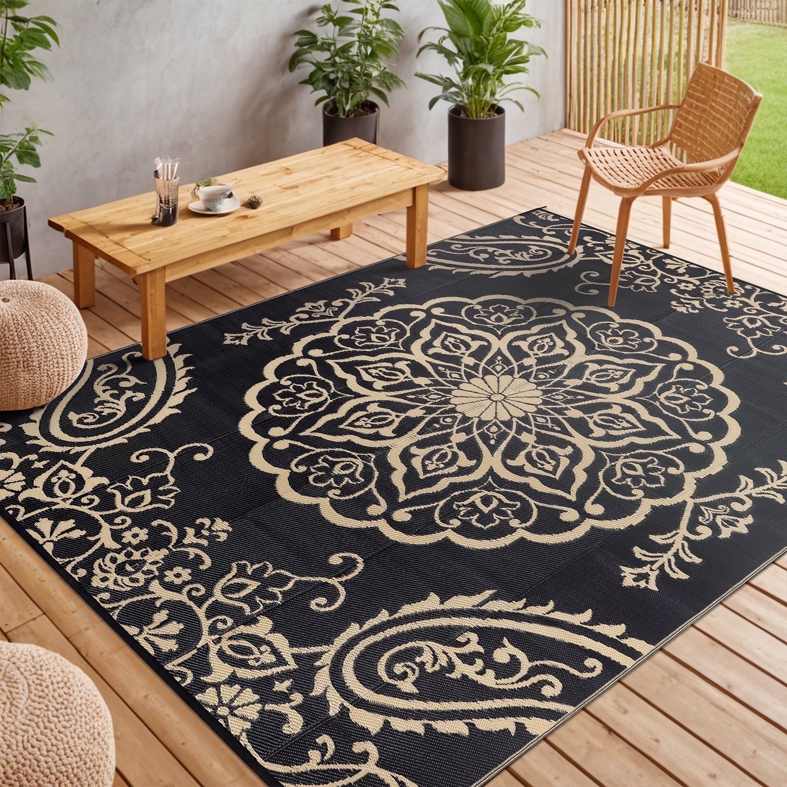 MeyJey Outdoor Rug 6'x9' Reversible Waterproof Area Rug Plastic Mat for RV Patio Camping Black