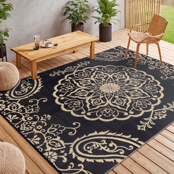 MeyJey Outdoor Rug 6'x9' Reversible Waterproof Area Rug Plastic Mat for RV Patio Camping Black