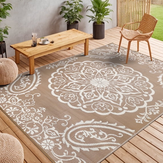 MeyJey Outdoor Rug 6'x9' Reversible Waterproof Area Rug Plastic Mat for RV Patio Camping Brown