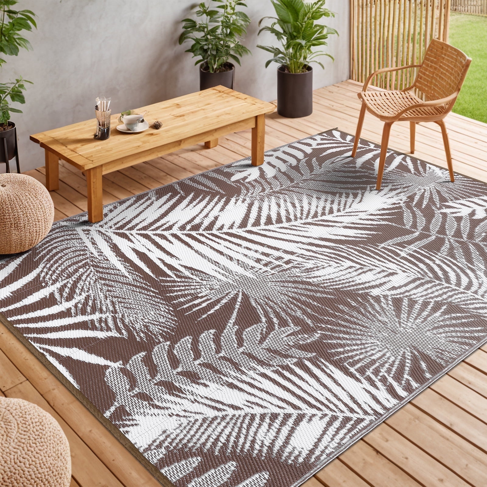 MeyJey Outdoor Rug, 6'x9' Reversible Waterproof Area Rug, Plastic Camping Mat for RV, Brown