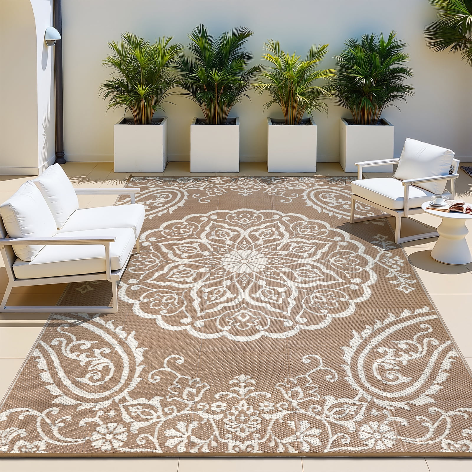 MeyJey Outdoor Rug 6'x9' Reversible Waterproof Area Rug Plastic Mat for RV Patio Camping Brown