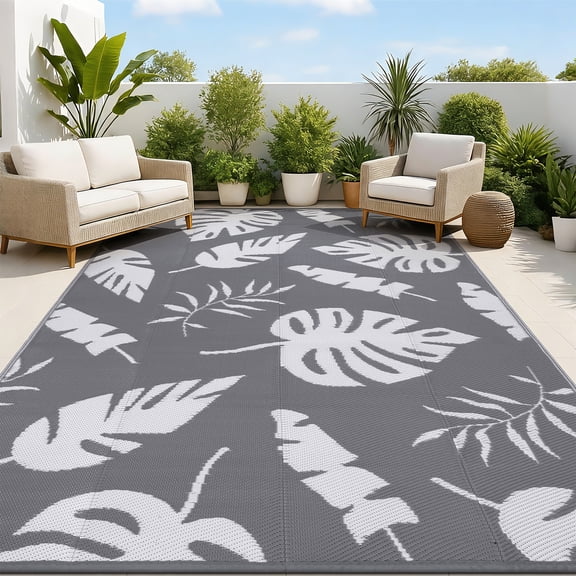 MeyJey 6'x9' Outdoor Rug, Patio Rug Waterproof RV Outdoor Rug Camping Rugs Reversible Plastic Mat for Camping, Balcony Apartment, Patio, Porch, Picnic, Beach, Gray