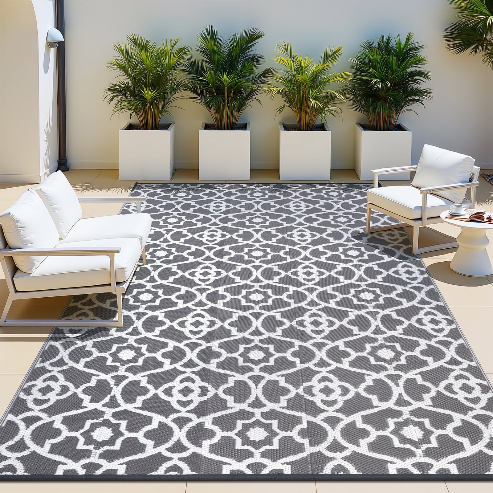MeyJey 6'x9' Outdoor Rug, Patio Rug Waterproof RV Outdoor Rug Camping Rugs Reversible Plastic Mat for Camping, Balcony Apartment, Patio, Porch, Picnic, Beach, Gray