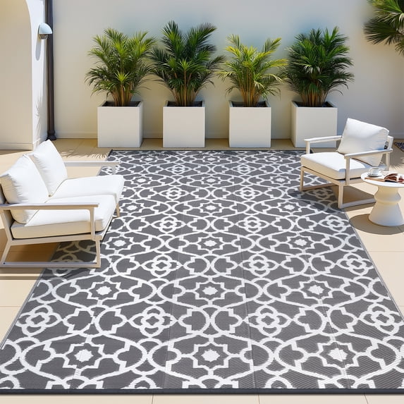 MeyJey 6'x9' Outdoor Rug, Patio Rug Waterproof RV Outdoor Rug Camping Rugs Reversible Plastic Mat for Camping, Balcony Apartment, Patio, Porch, Picnic, Beach, Gray