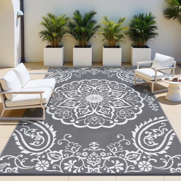 MeyJey 6'x9' Outdoor Rug, Patio Rug Waterproof RV Outdoor Rug Camping Rugs Reversible Plastic Mat for Camping, Balcony Apartment, Patio, Porch, Picnic, Beach, Gray