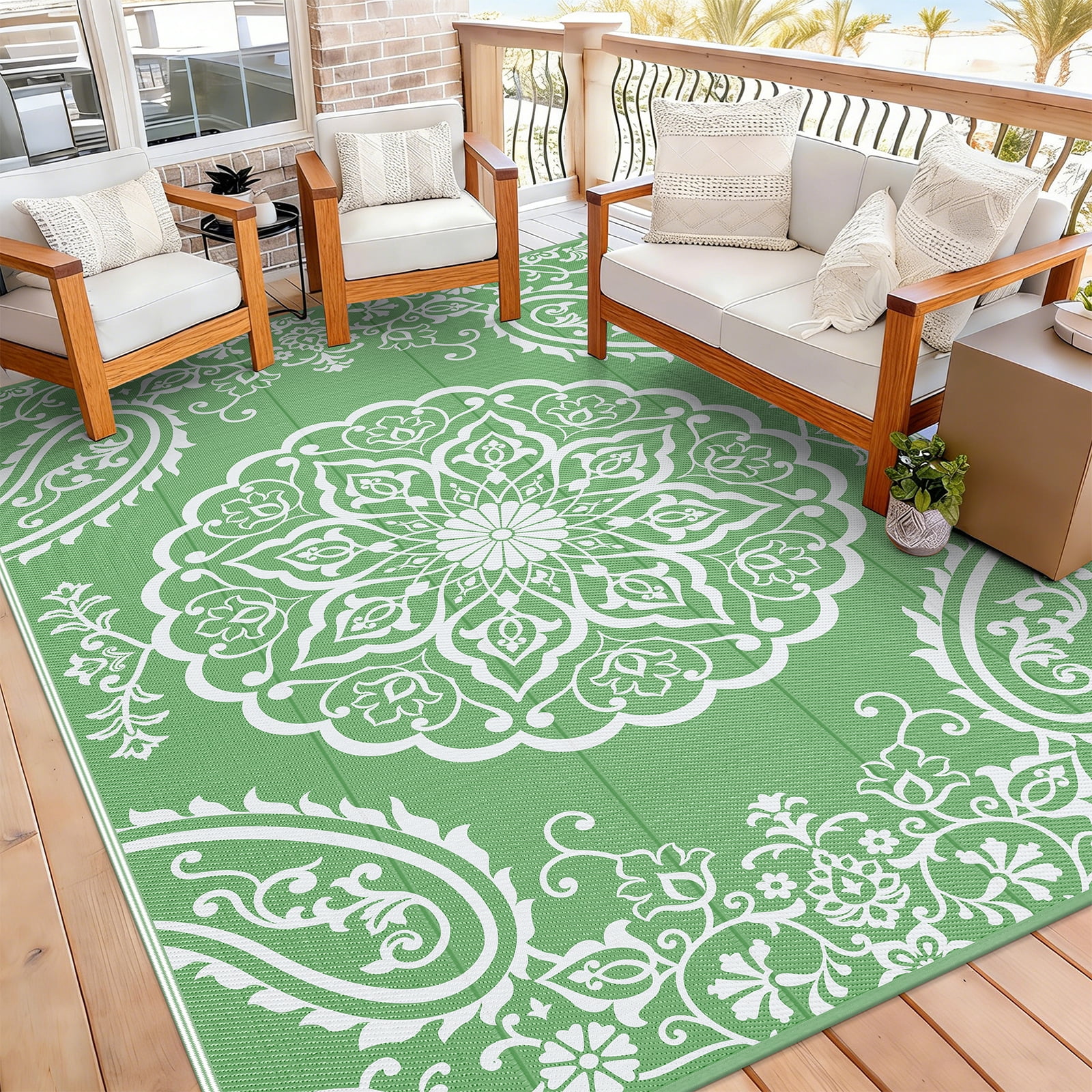 MeyJey 6'x9' Outdoor Rugs for Patio, Patio Rug Waterproof RV Mats, Plastic Straw Camping Area Rug for Indoor Porch Balcony Beach Mat, Green