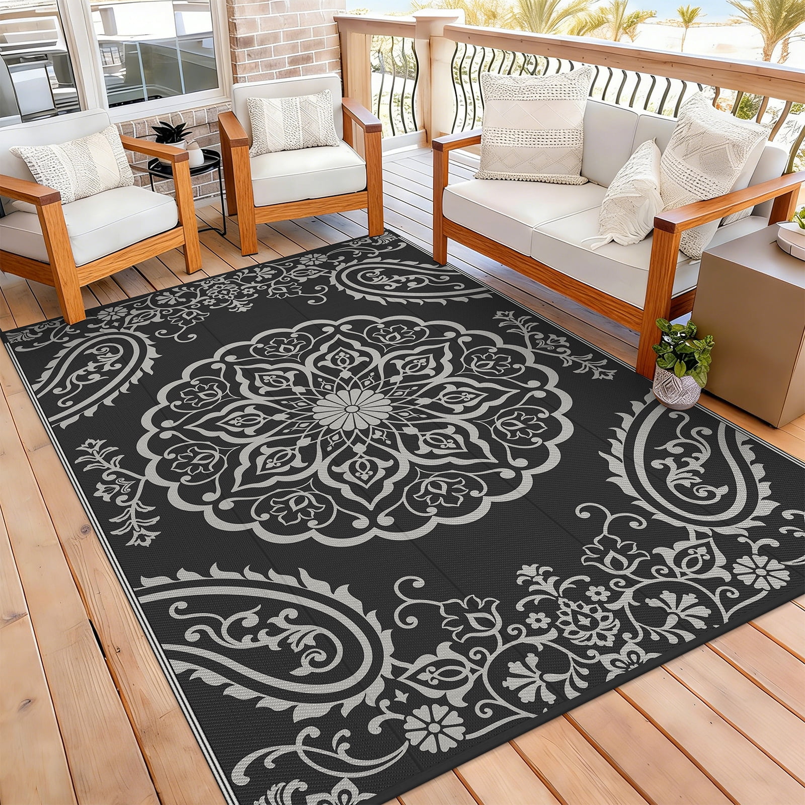 MeyJey 6'x9' Outdoor Rugs for Patio, Patio Rug Waterproof RV Mats, Plastic Straw Camping Area Rug for Indoor Porch Balcony Beach Mat, Black/Grey