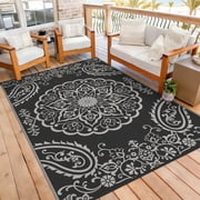 MeyJey 6'x9' Outdoor Rugs for Patio, Patio Rug Waterproof RV Mats, Plastic Straw Camping Area Rug for Indoor Porch Balcony Beach Mat, Black/Grey