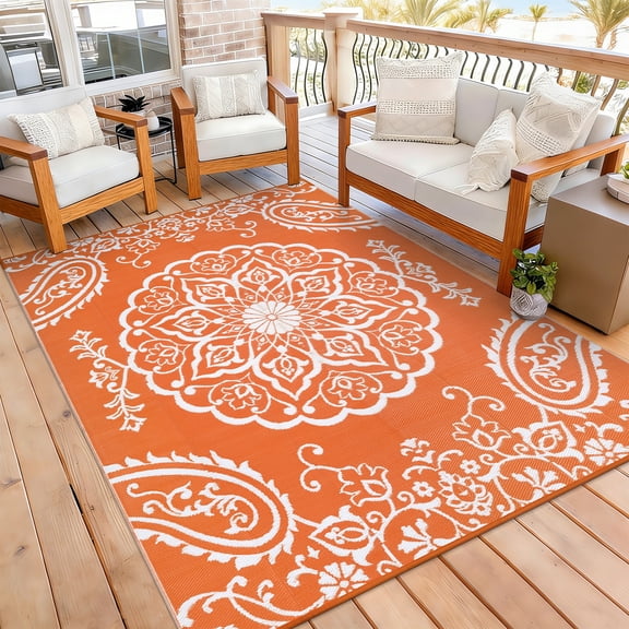 MeyJey 6'x9' Outdoor Rugs for Patio, Patio Rug Waterproof RV Mats, Plastic Straw Camping Area Rug for Indoor Porch Balcony Beach Mat, Orange