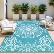 MeyJey 6'x9' Outdoor Rug, Patio Rug Waterproof RV Outdoor Rug Camping Rugs Reversible Plastic Mat for Camping, Balcony Apartment, Patio, Porch, Picnic, Beach, Teal