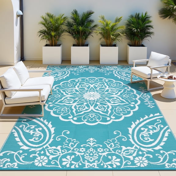 MeyJey 6'x9' Outdoor Rug, Patio Rug Waterproof RV Outdoor Rug Camping Rugs Reversible Plastic Mat for Camping, Balcony Apartment, Patio, Porch, Picnic, Beach, Teal