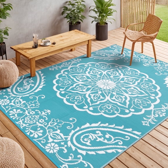 MeyJey Outdoor Rug 6'x9' Reversible Waterproof Area Rug Plastic Mat for RV Patio Camping Teal