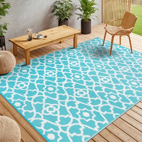 MeyJey 6'x9' Outdoor Rug Reversible Waterproof Oversize Indoor/Outdoor Plastic Mat for RV, Camping, Patio, Teal