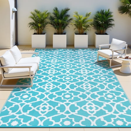 MeyJey 6'x9' Outdoor Rug, Patio Rug Waterproof RV Outdoor Rug Camping Rugs Reversible Plastic Mat for Camping, Balcony Apartment, Patio, Porch, Picnic, Beach, Teal