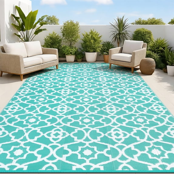 MeyJey 8'x10' Outdoor Rug, Patio Rug Waterproof RV Outdoor Rug Camping Rugs Reversible Plastic Mat for Camping, Balcony Apartment, Patio, Porch, Picnic, Beach, Aqua Blue