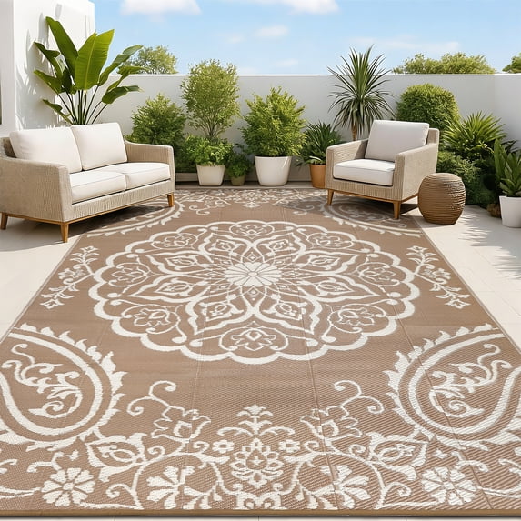 MeyJey 8'x10' Outdoor Rug, Patio Rug Waterproof RV Outdoor Rug Camping Rugs Reversible Plastic Mat for Camping, Balcony Apartment, Patio, Porch, Picnic, Beach, Brown/Beige