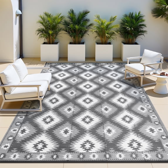 MeyJey 8'x10' Outdoor Rug, Patio Rug Waterproof RV Outdoor Rug Camping Rugs Reversible Plastic Mat for Camping, Balcony Apartment, Patio, Porch, Picnic, Beach, Gray