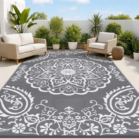 MeyJey 8'x10' Outdoor Rug, Patio Rug Waterproof RV Outdoor Rug Camping Rugs Reversible Plastic Mat for Camping, Balcony Apartment, Patio, Porch, Picnic, Beach, Gray