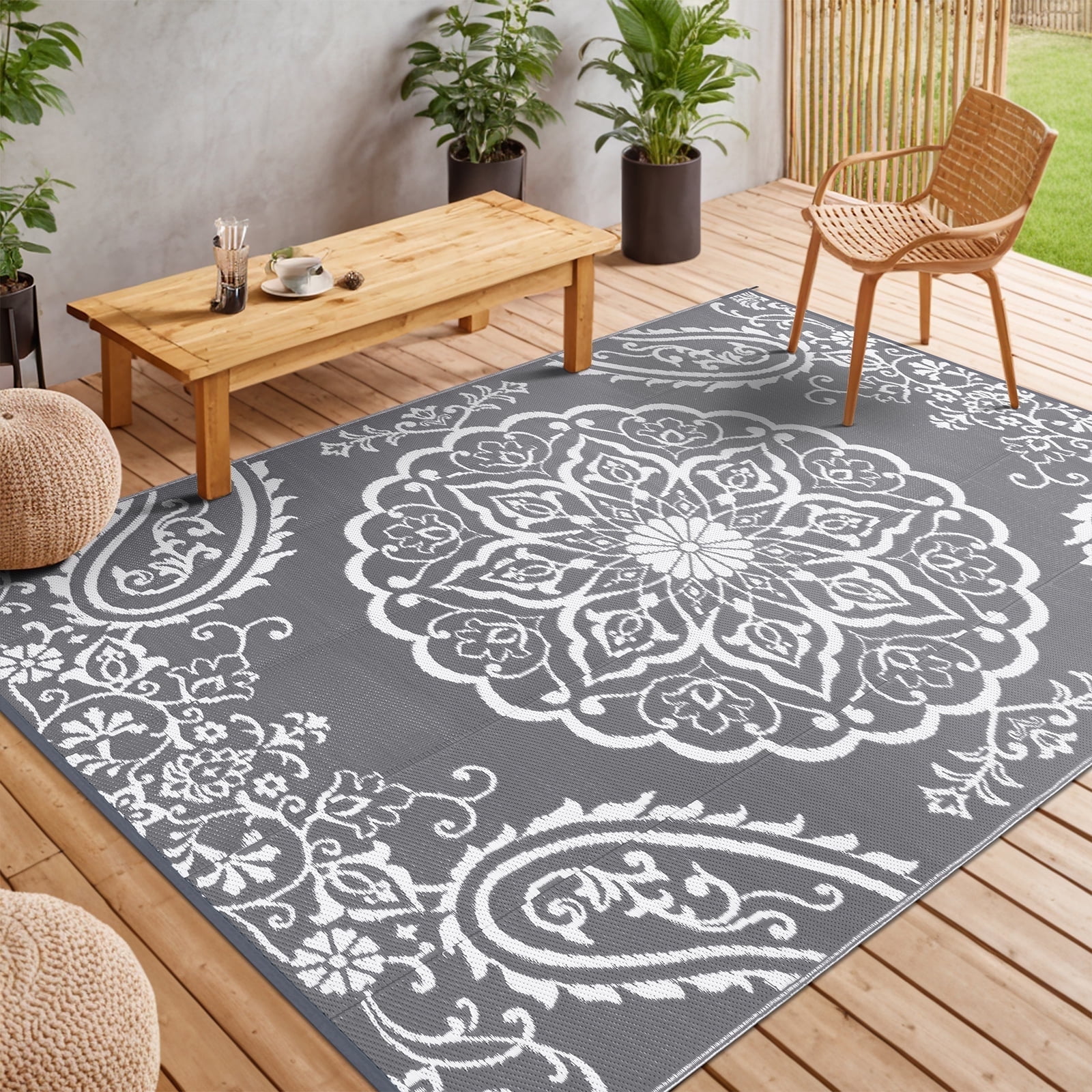 MeyJey Outdoor Rug 8'x10' Reversible Waterproof Area Rug Plastic Mat for RV Patio Camping Gray