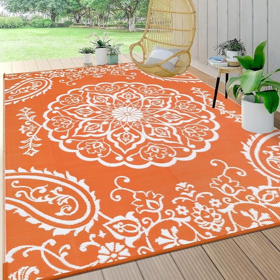 MeyJey 8'x10' Outdoor Rugs for Patio, Patio Rug Waterproof RV Mats, Plastic Straw Camping Area Rug for Indoor Porch Balcony Beach Mat, Orange