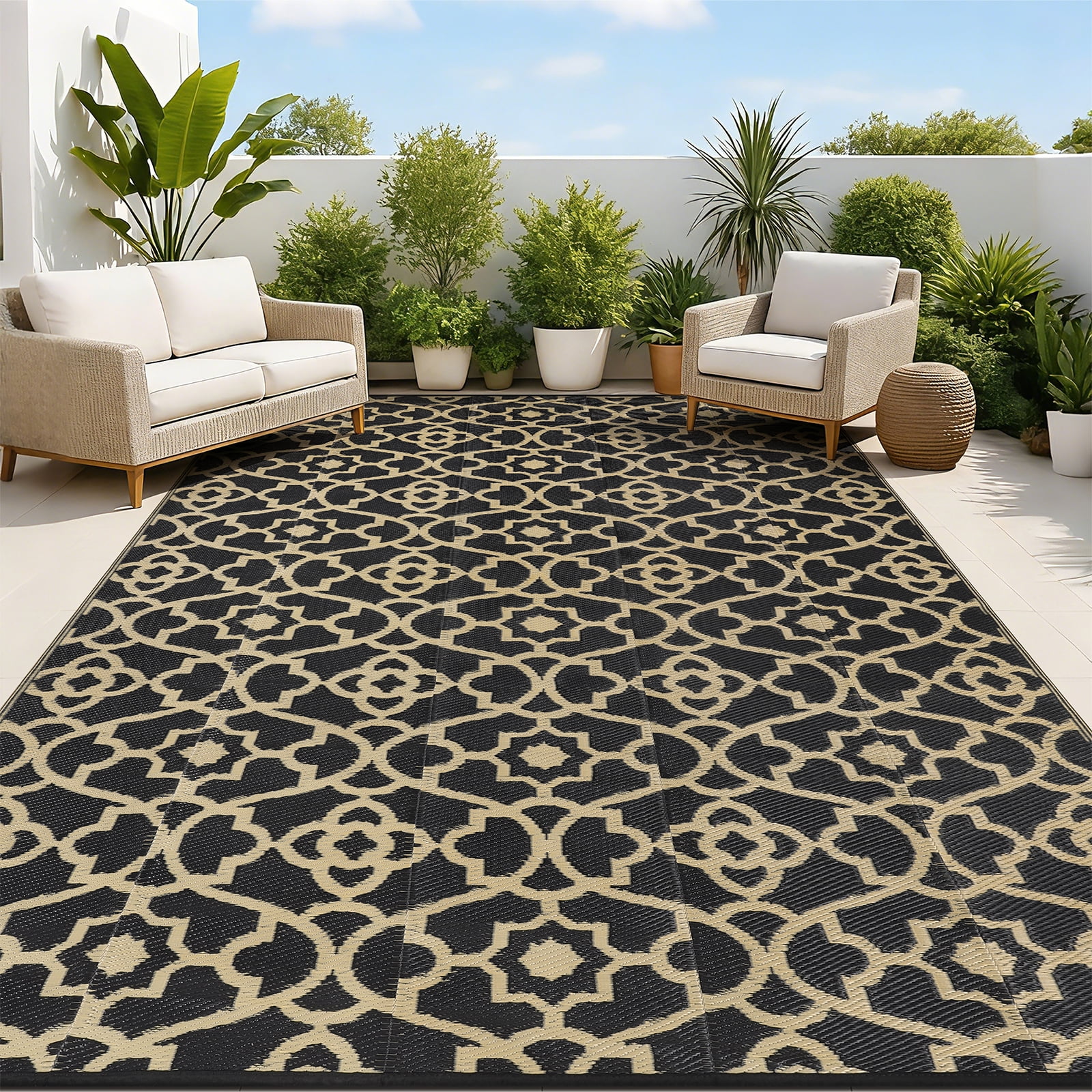 MeyJey 9'x12' Outdoor Rug, Patio Rug Waterproof RV Outdoor Rug Camping Rugs Reversible Plastic Mat for Camping, Balcony Apartment, Patio, Porch, Picnic, Beach, Black